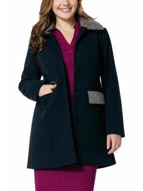 NWT Colleen Lopez Womens Faux Wool Coat Black Removable Collar Size Small